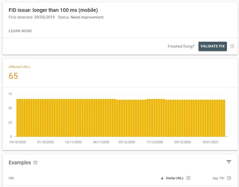 How Google Search Console displays FID errors